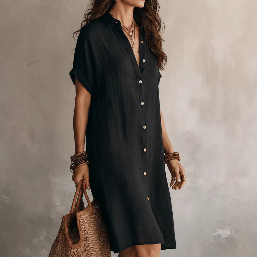 model wearing color black short sleeve cotton linen shirt dress, side pose