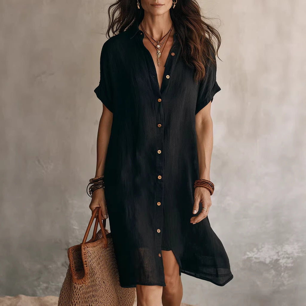 model wearing color black short sleeve cotton linen shirt dress