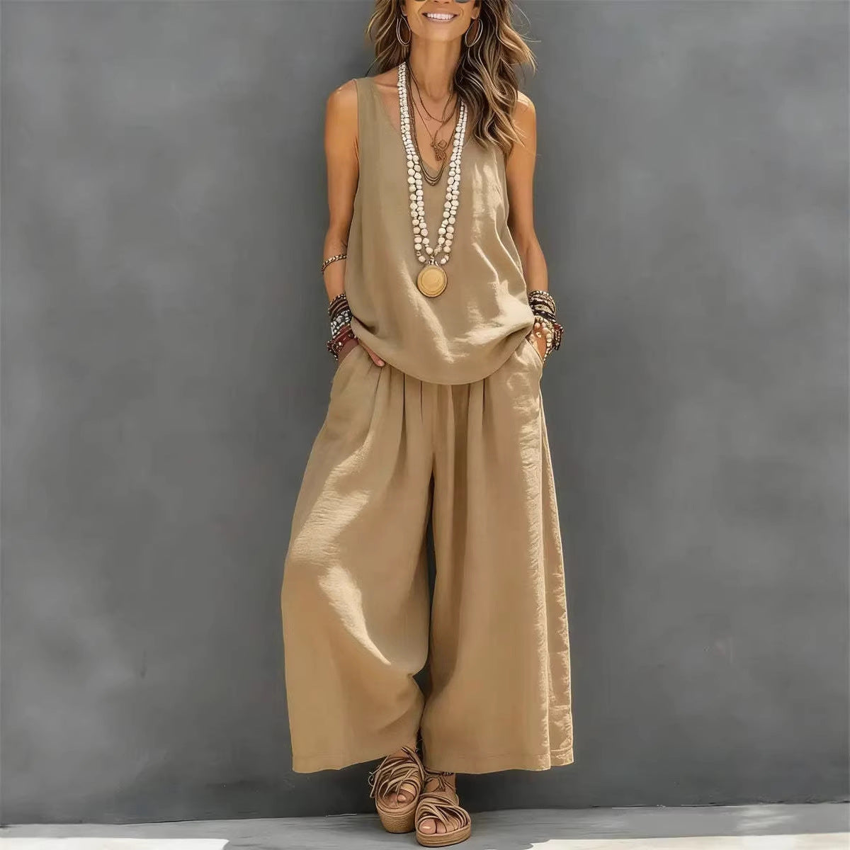  model wearing color khaki women's cotton linen tank and wide-leg pants set"