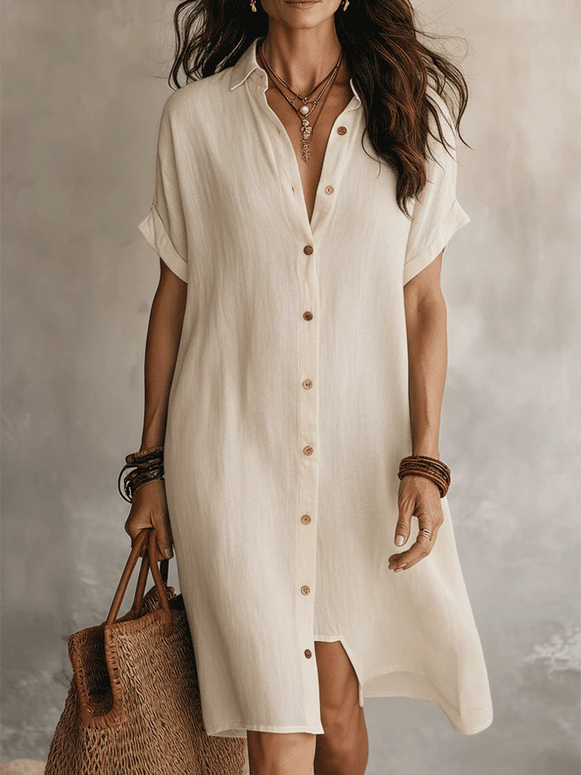 model wearing color apricot short sleeve cotton linen shirt dress