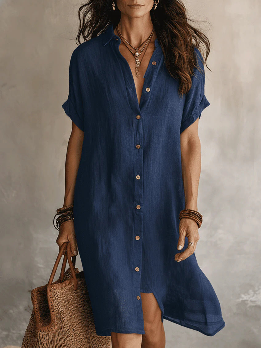 model wearing color navy blue short sleeve cotton linen shirt dress 