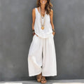  model wearing color white women's cotton linen tank and wide-leg pants set"