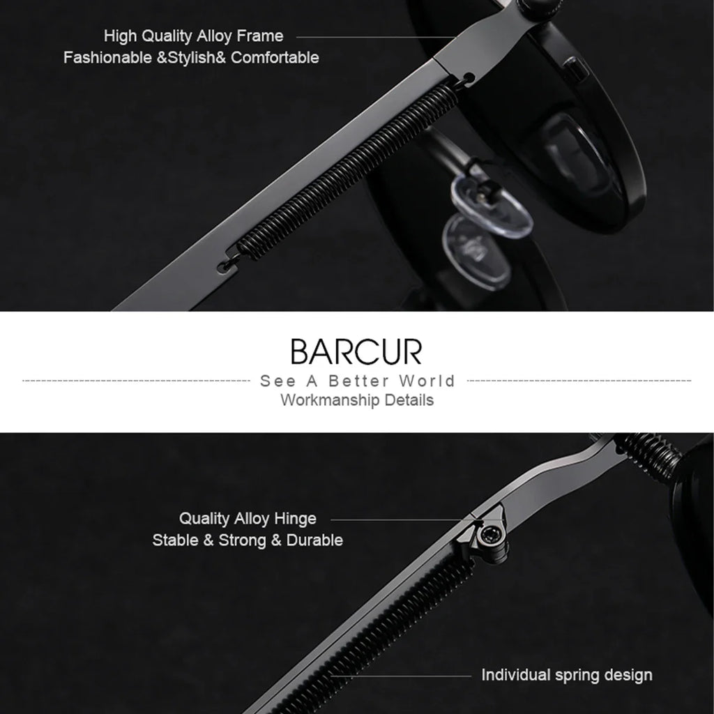 picture highlighting the frame and hinges on the BARCUR glasses on dark grey background