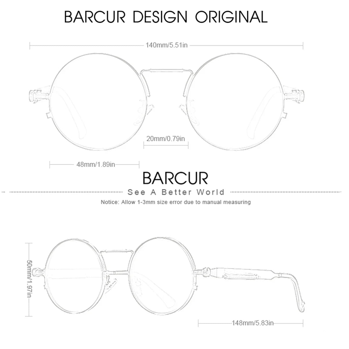 Technical drawing of round eyeglasses with dimensions labeled, featuring the brand 'BARCUR'.