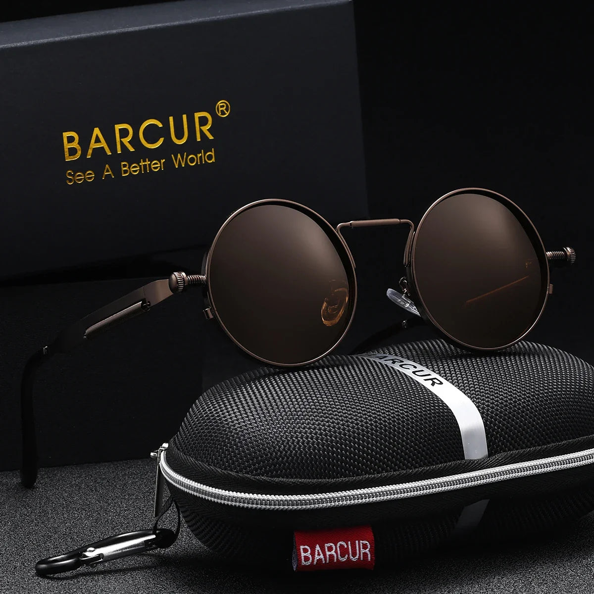 Round sunglasses with brown lenses and black frames, placed on a black carrying case with 'BARCUR' branding