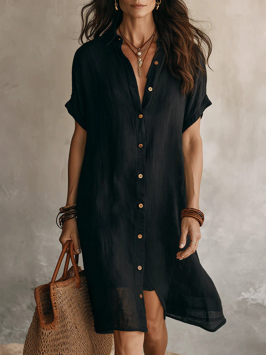 model wearing color black short sleeve cotton linen shirt dress