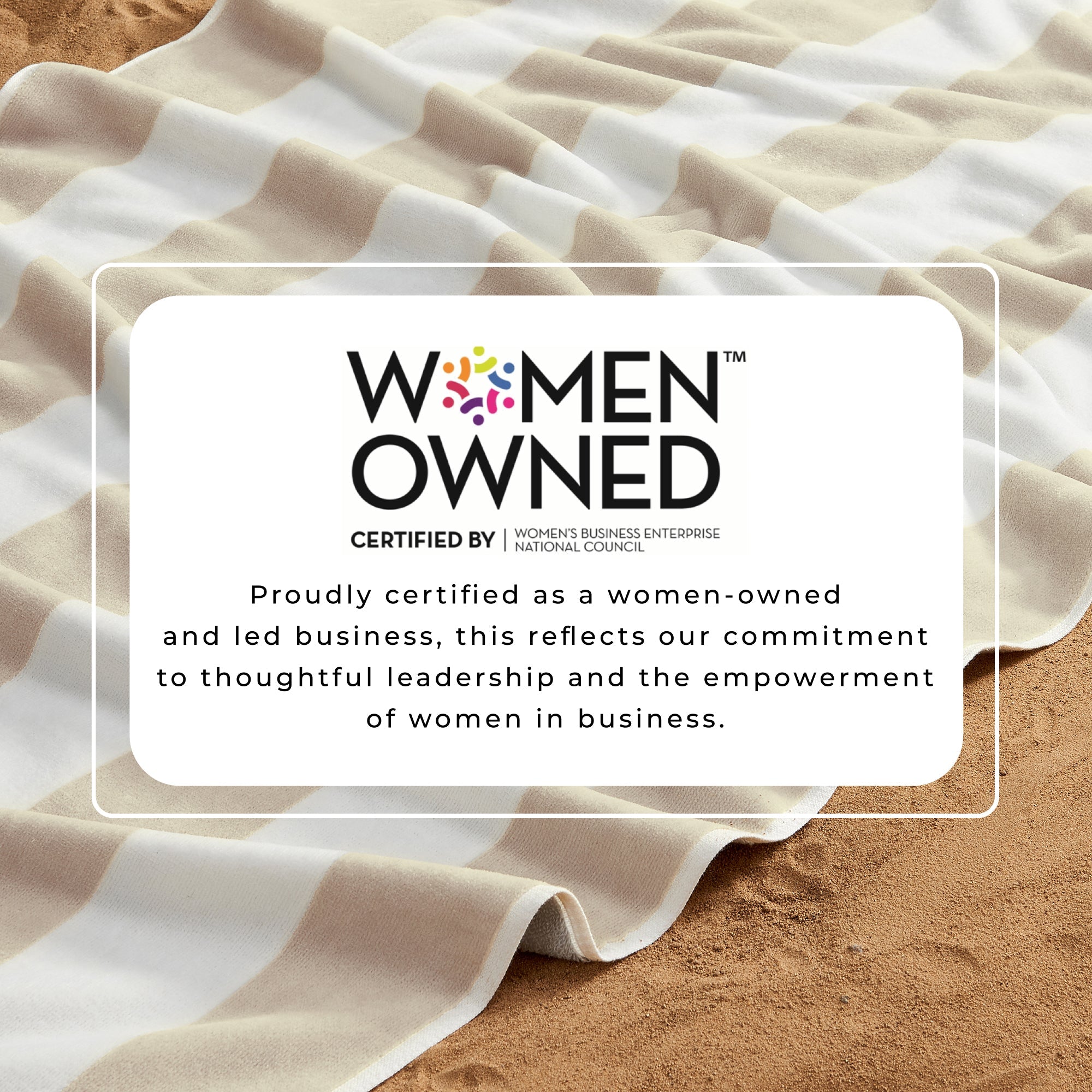 Text overlay on fabric with 'Women Owned' certification logo and description.