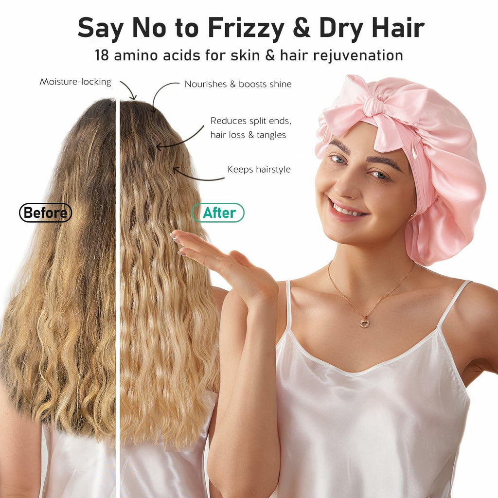 Woman wearing a pink satin hair bonnet with text about frizzy and dry hair solutions.