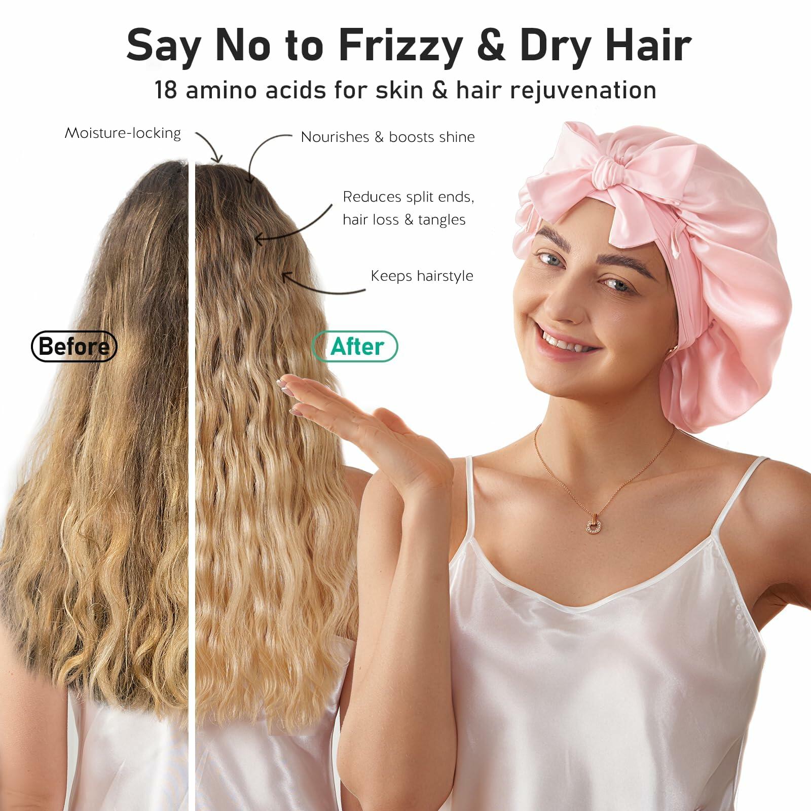 Woman wearing a pink satin hair bonnet with text about frizzy and dry hair solutions.