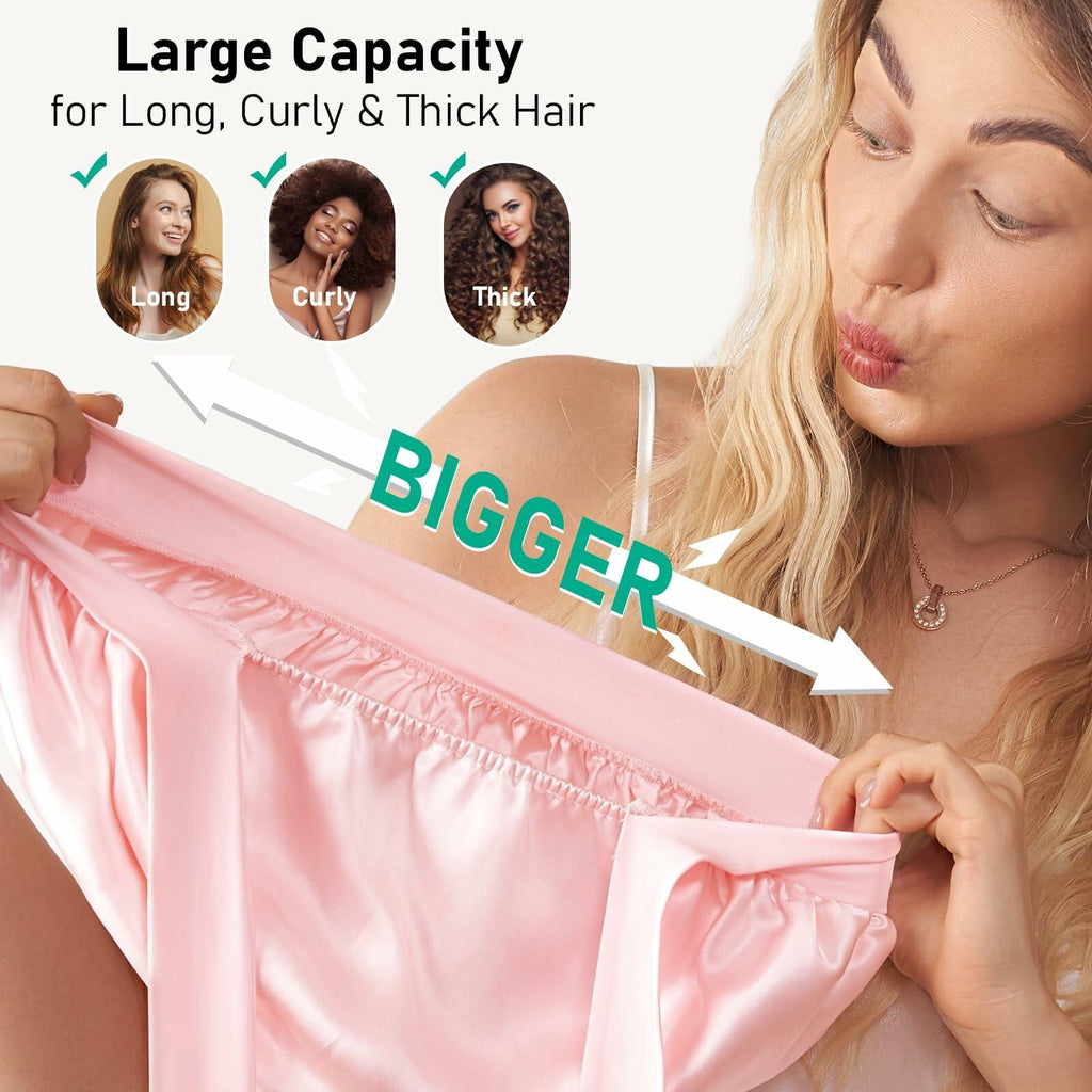 Woman holding a pink satin pillowcase with text highlighting its capacity for long, curly, and thick hair.