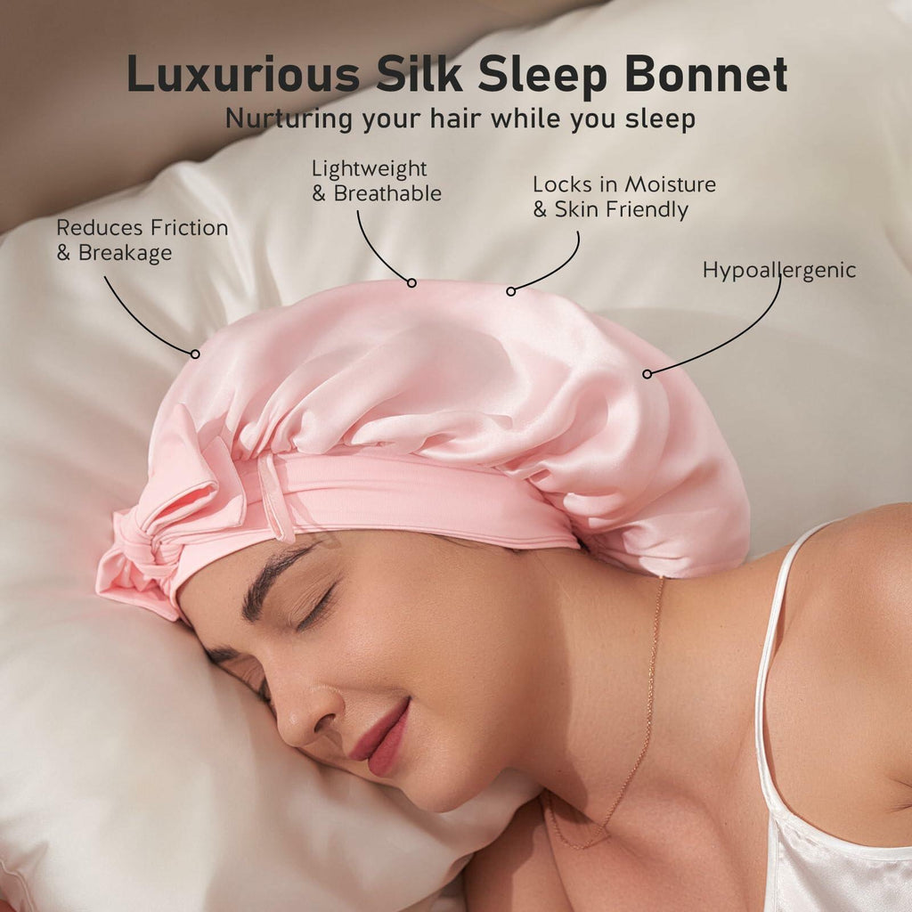 Woman wearing a pink silk sleep bonnet with text highlighting its benefits.