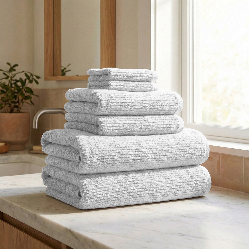 Stack of gray towels on a marble countertop in a bathroom setting